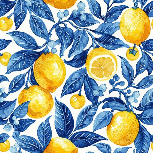 Azulejo Lemons with Blue Leaves Pattern 8 Quilting Cotton Fabric