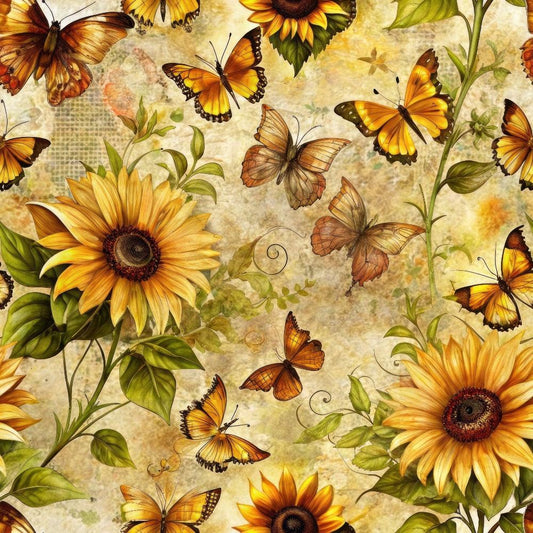 Vintage Sunflowers and Butterflies Pattern 3 Quilting Cotton Fabric