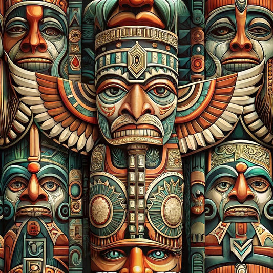 Totem Pole Tribal Figures Pattern 1 Quilting Cotton Fabric