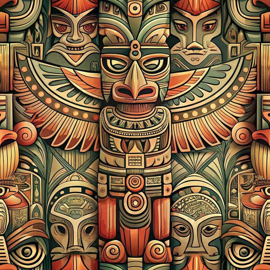 Totem Pole Tribal Figures Pattern 10 Quilting Cotton Fabric