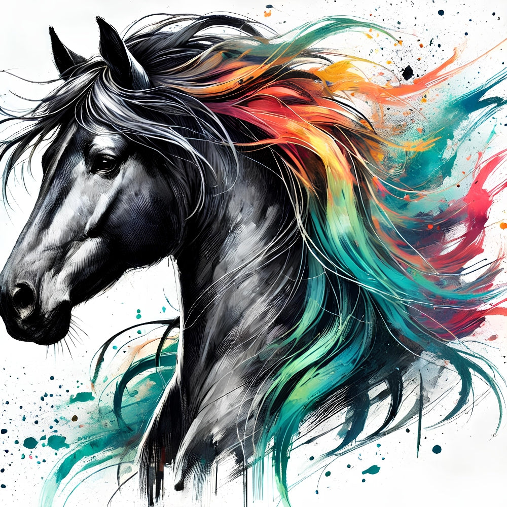 A Charcoal Horse Fabric Panel 1 features a detailed black horse with flowing multi-colored mane printed on premium quilting cotton.