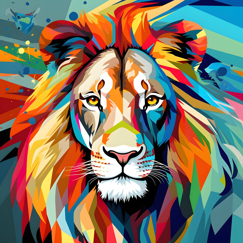 Abstract Animals Pop Art Lion Fabric Panel featuring vibrant, colorful geometric shapes creating a stunning lion portrait.
