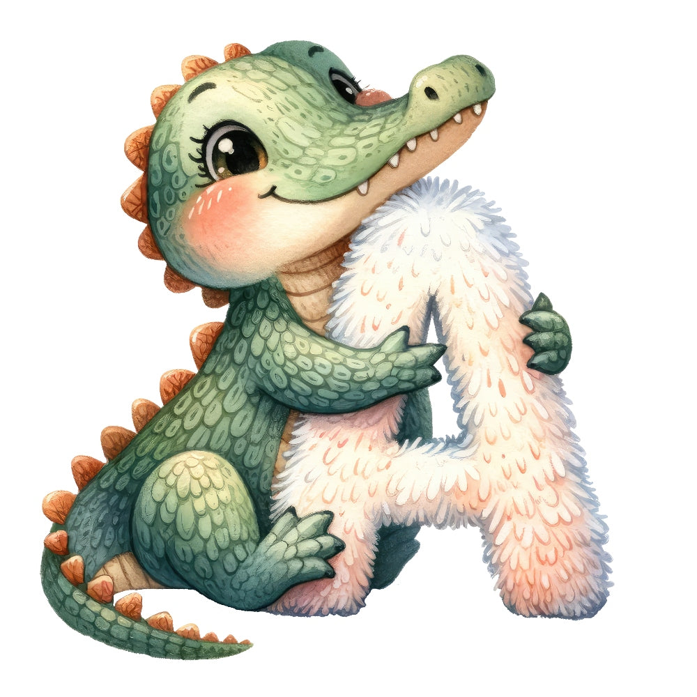 Animal Alligator Letter A Fabric Panel featuring a cute green alligator hugging a fluffy letter A design.