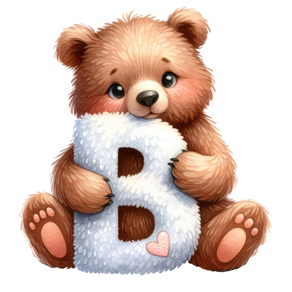 Animal Bear Letter B Fabric Panel featuring a cute brown bear holding a fluffy letter B for quilting cotton projects.