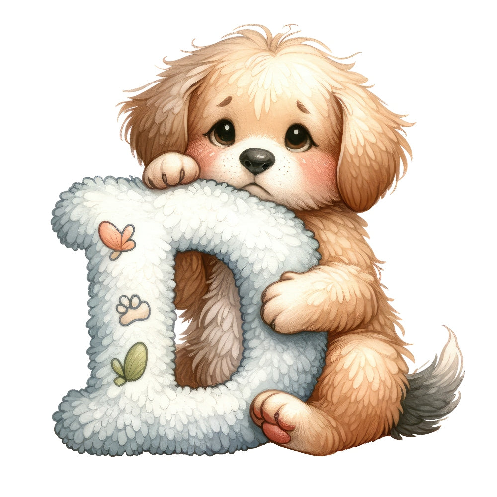 Animal Dog Letter D Fabric Panel featuring a cute puppy hugging a fluffy letter D with butterflies and paw prints.