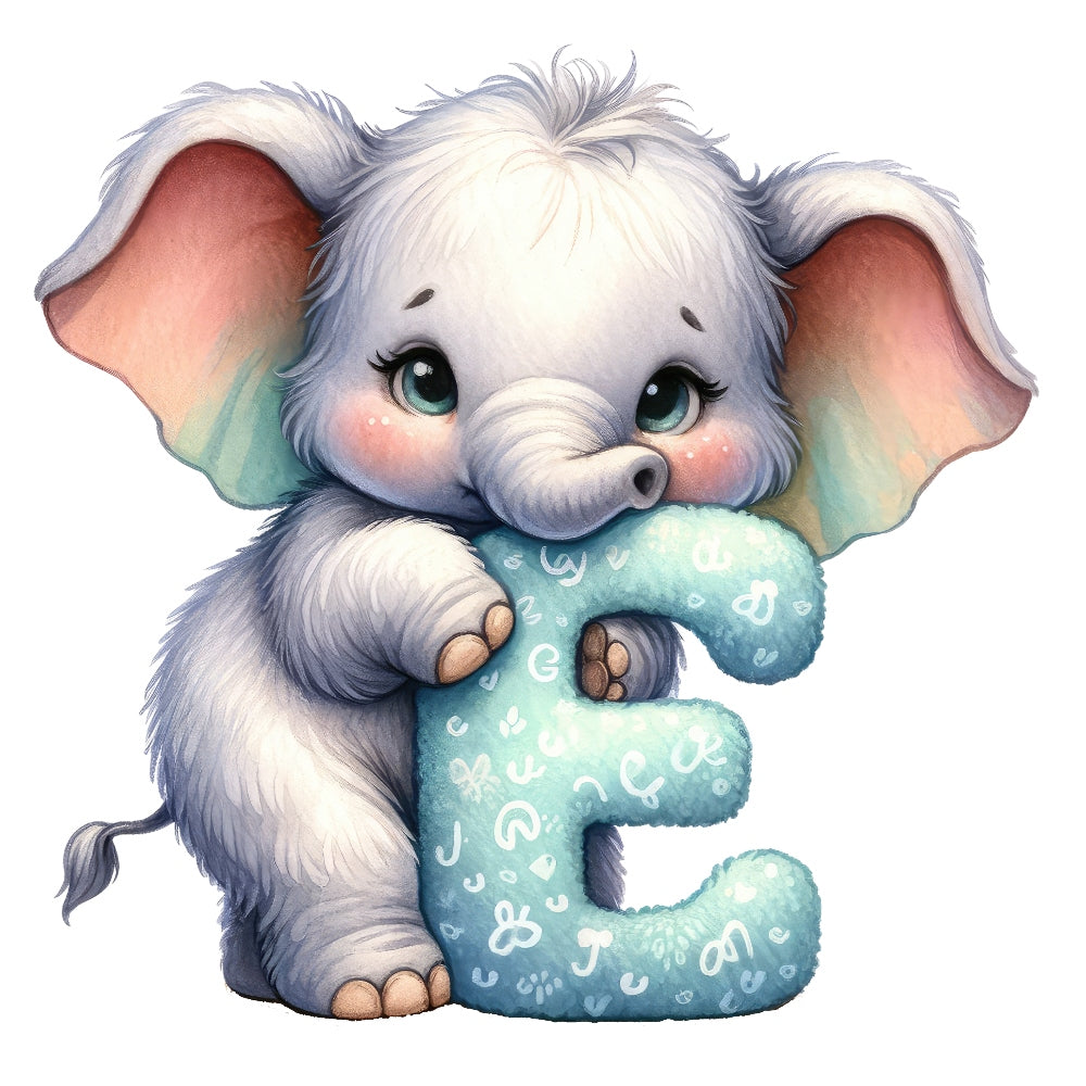 Animal Elephant Letter E Fabric Panel with a cute baby elephant holding a patterned blue letter E, printed on premium quilting cotton.