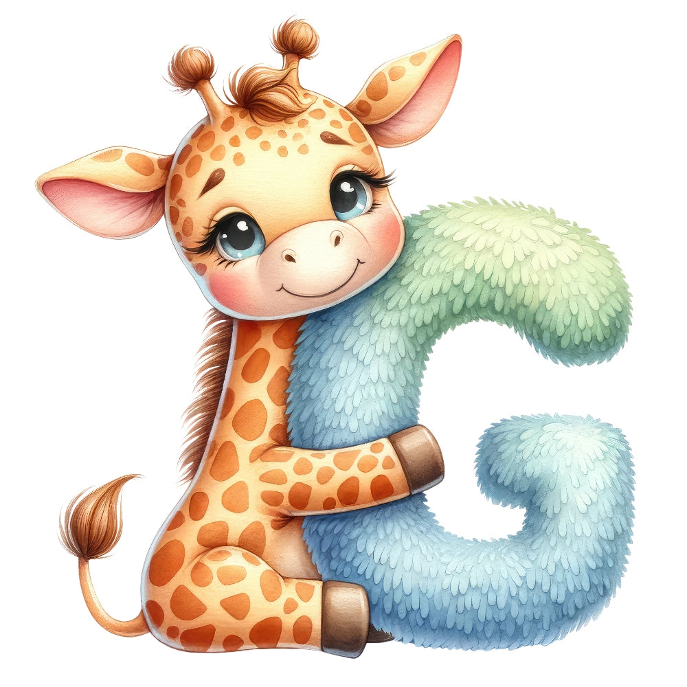 Animal Giraffe Letter G Fabric Panel features a cute cartoon giraffe hugging a fluffy textured letter G.