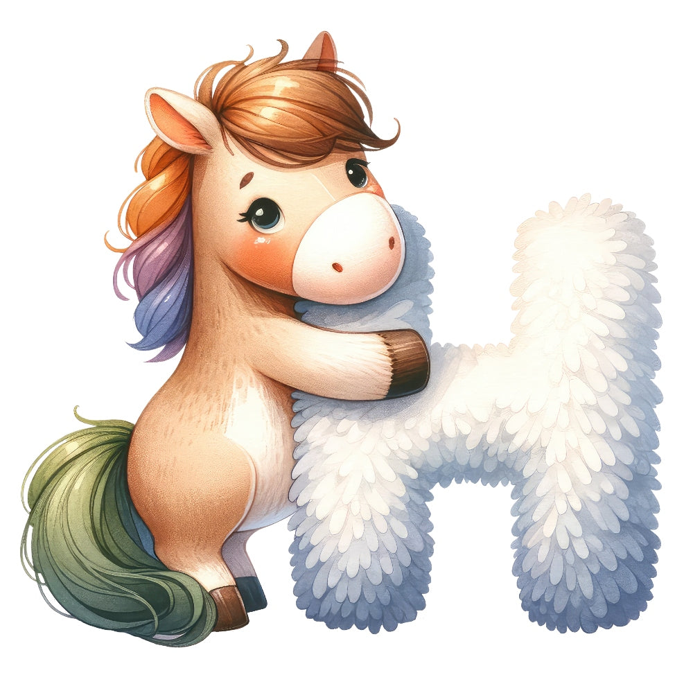 Animal Horse Letter H Fabric Panel featuring a cute horse hugging a fluffy letter H in premium quilting cotton design.