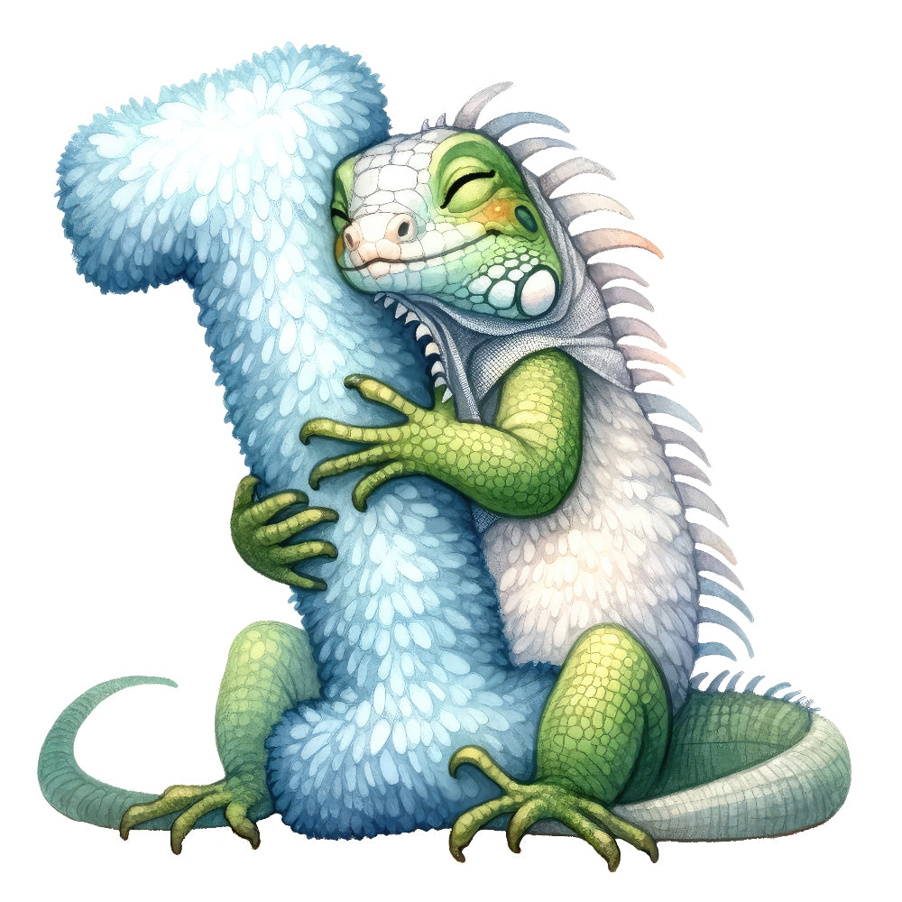Animal Iguana Letter I Fabric Panel with a detailed green iguana hugging a fluffy blue letter I designed on premium quilting cotton.