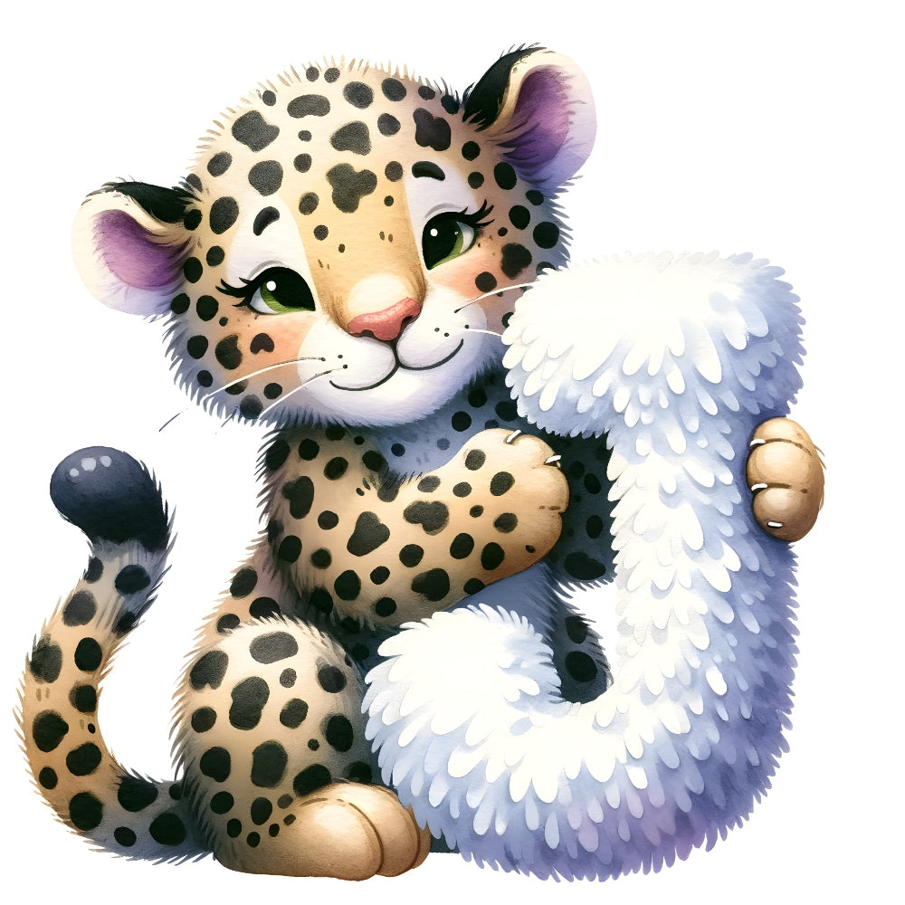 Animal Jaguar Letter J Fabric Panel featuring a cute spotted jaguar cub holding a fluffy letter J in quilting cotton.