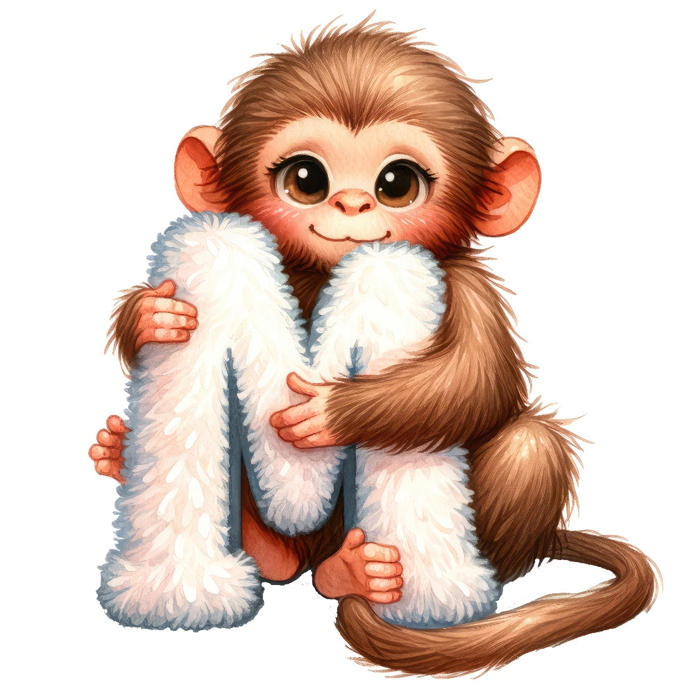 Animal Monkey Letter M Fabric Panel featuring a cute monkey holding a fluffy letter M, printed on premium quilting cotton.
