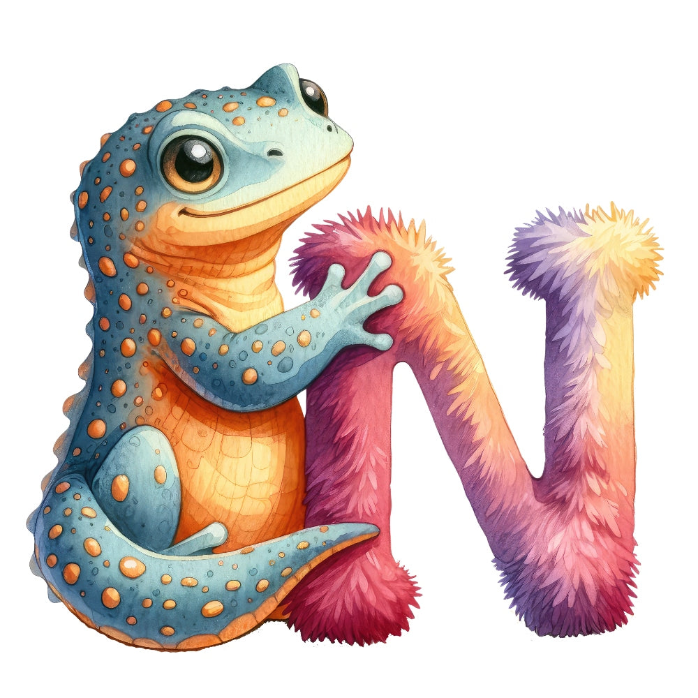 Animal Newt Letter N Fabric Panel featuring a detailed newt with vibrant orange spots on a textured purple letter N.