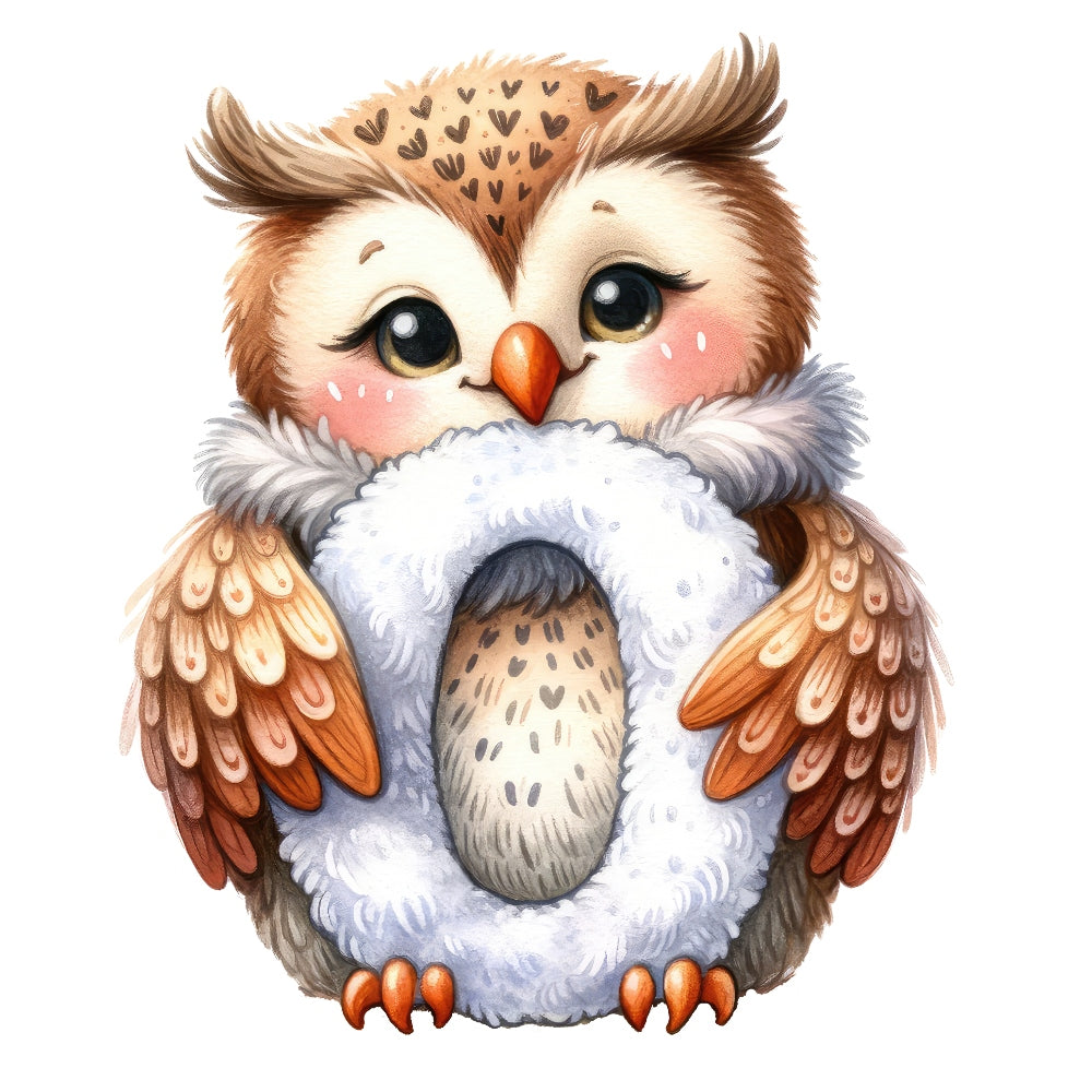 Cute detailed owl holding a fluffy white letter O fabric, Animal Owl Letter O Fabric Panel for quilting and crafts.