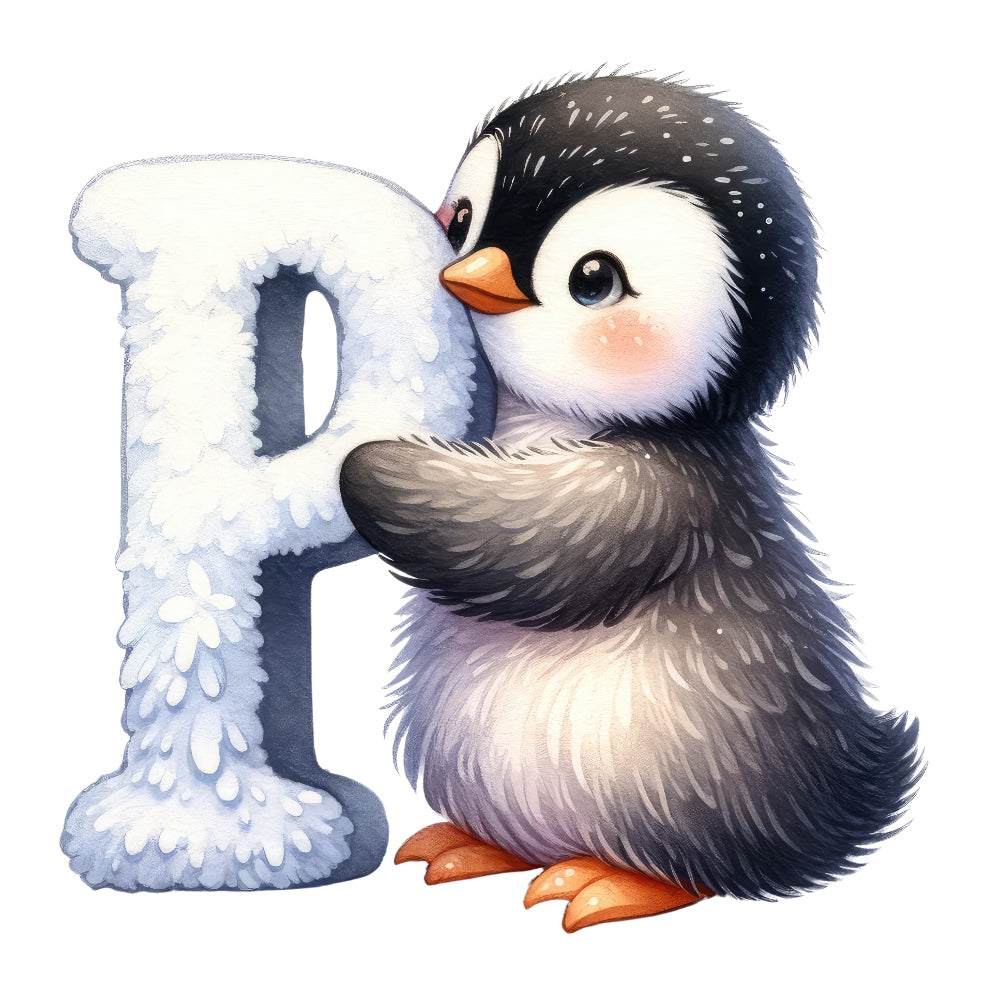 Animal Penguin Letter P Fabric Panel featuring a cute penguin holding a textured letter P in premium quilting cotton print.