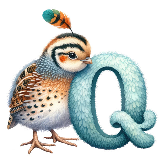 Animal Quail Letter Q Fabric Panel featuring a detailed quail illustration with textured letter Q in premium quilting cotton.
