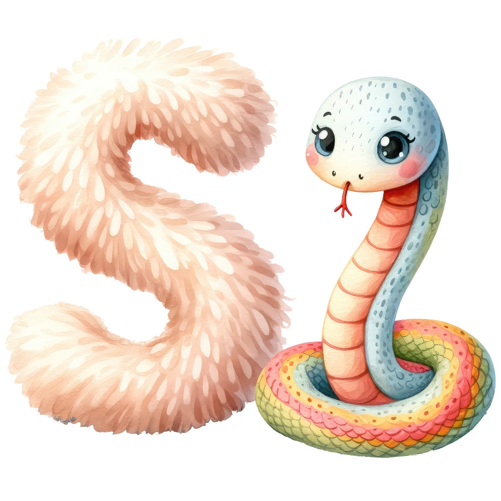 Animal Snake Letter S Fabric Panel featuring a cute, colorful snake and fluffy letter S printed on premium cotton fabric.