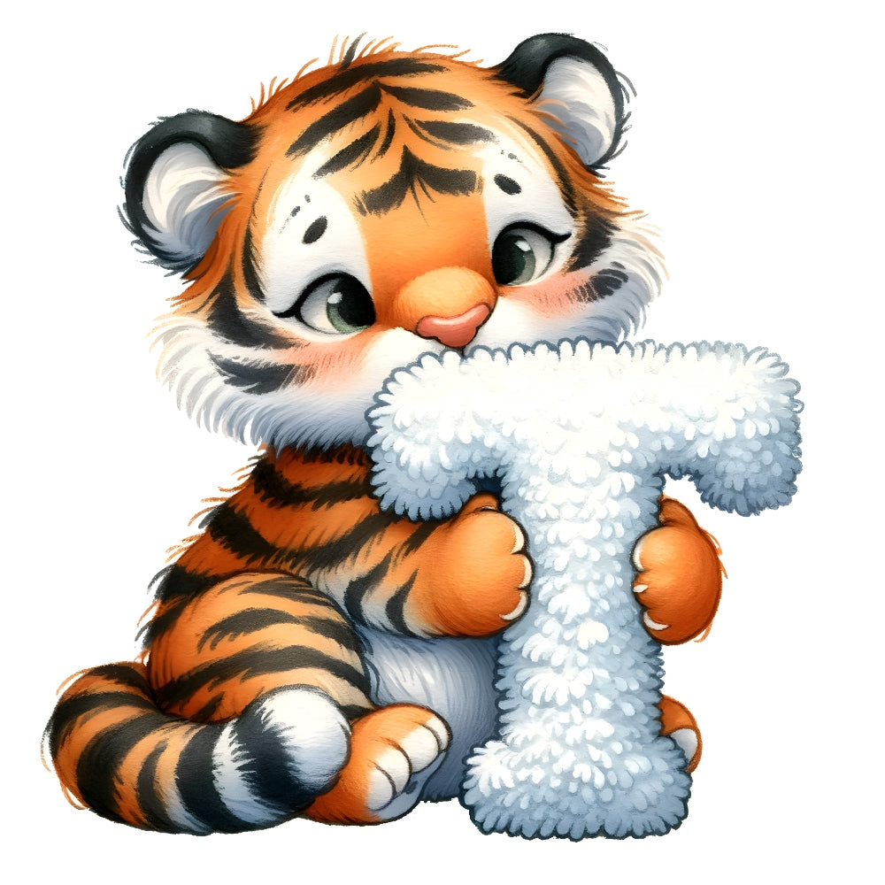 Animal Tiger Letter T Fabric Panel featuring a cute tiger cub holding a textured letter T in premium quilting cotton.