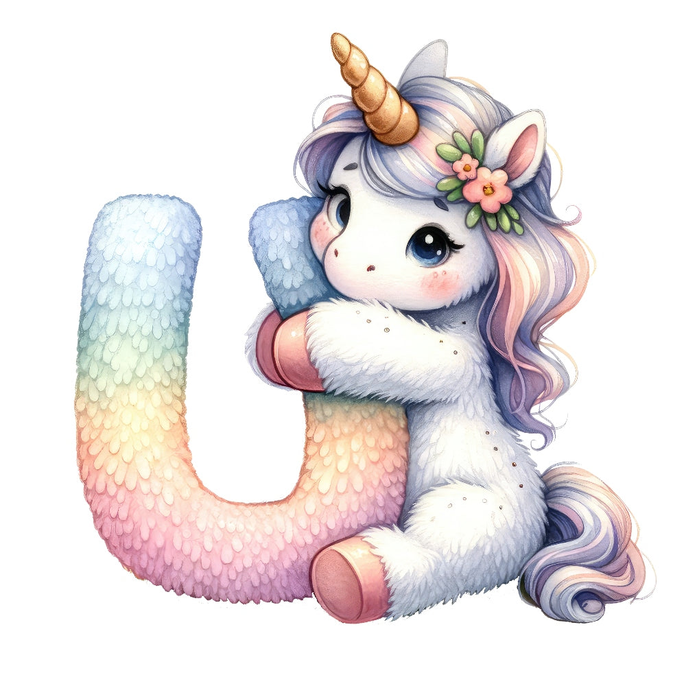 Animal Unicorn Letter U Fabric Panel featuring a cute unicorn hugging a pastel rainbow letter U on premium quilting cotton.