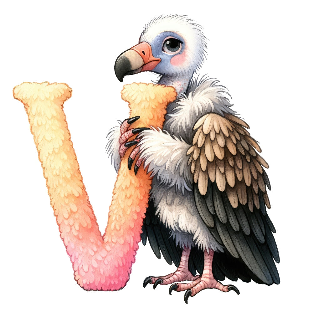 Animal Vulture Letter V Fabric Panel featuring a detailed vulture illustration holding a textured orange letter V on premium cotton.