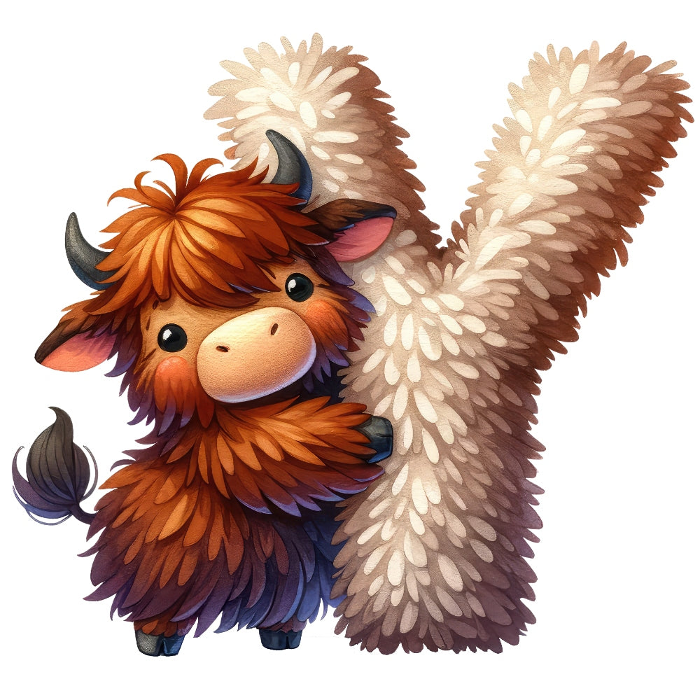 Animal Yak Letter Y Fabric Panel featuring a cute brown yak next to a fluffy textured letter Y, printed on premium quilting cotton.