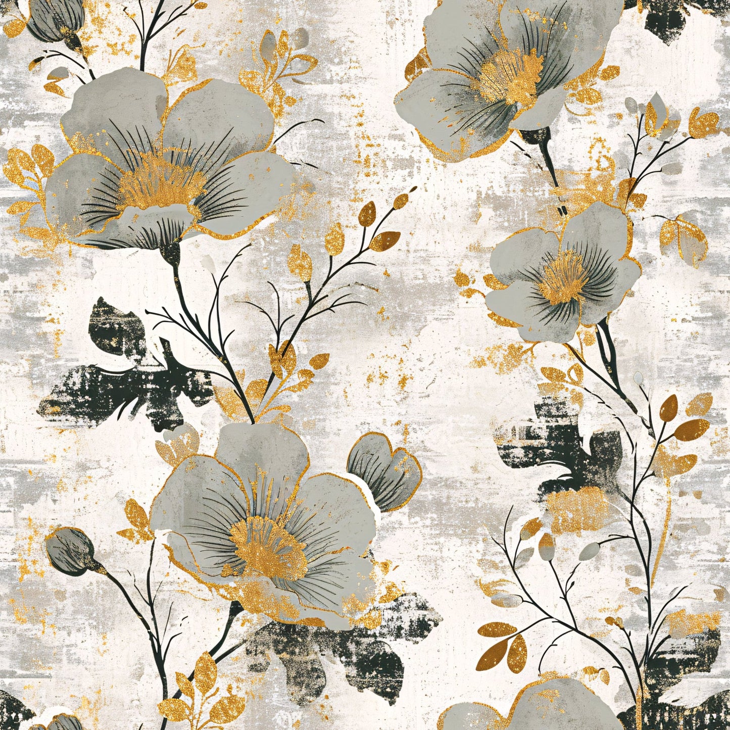 Antique Linocut Stenciled Pastel Florals Pattern 8 Quilting Cotton Fabric