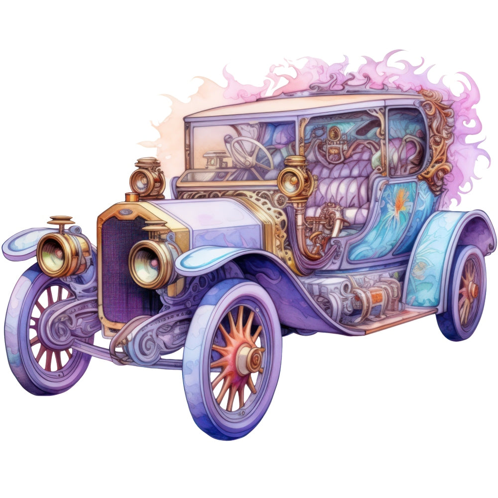 Art Nouveau Retro Cars Fabric Panel 12 featuring a detailed vintage car illustration with intricate ornate design in pastel colors.