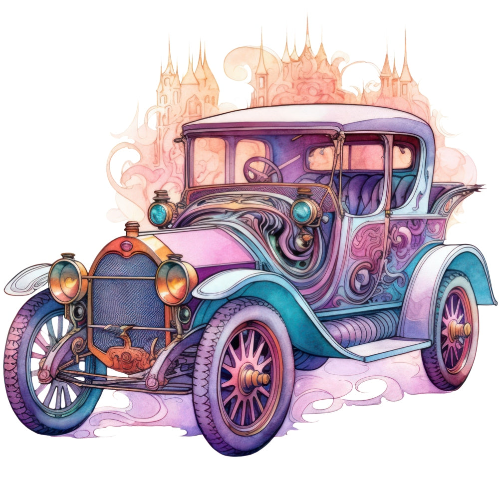 Art Nouveau Retro Cars Fabric Panel 18 featuring a detailed vintage car illustration in pastel shades with elegant swirls and classic design.