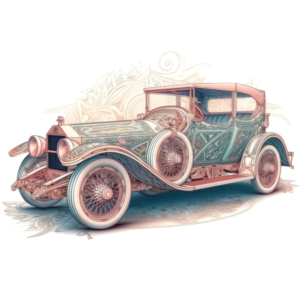 Art Nouveau Retro Cars Fabric Panel 7 featuring a detailed vintage car illustration on premium quilting cotton fabric.