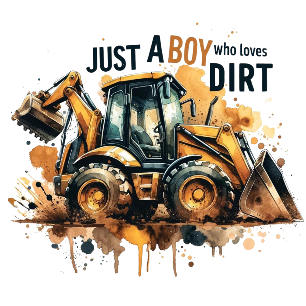 Backhoe Fabric Panel featuring detailed yellow backhoe illustration with dirt splash effects and "Just A Boy Who Loves Dirt" text.