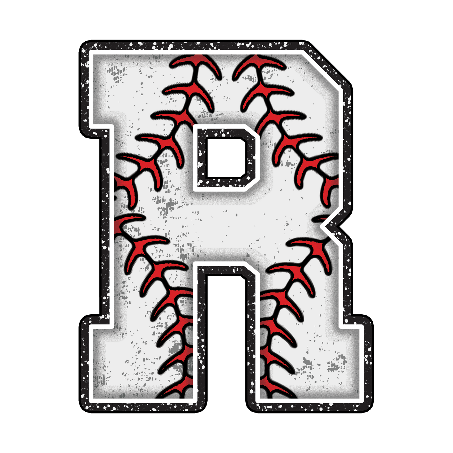 baseball, letter r, red stitching, white background, black outline, distressed texture, vintage weathered, sports theme, alphabet panel, fabric panel, quilting cotton, athletic design, grunge effect, speckled texture, baseball seams, curved stitching lines, monogram style, varsity letter, dimensional shading, cotton fabric