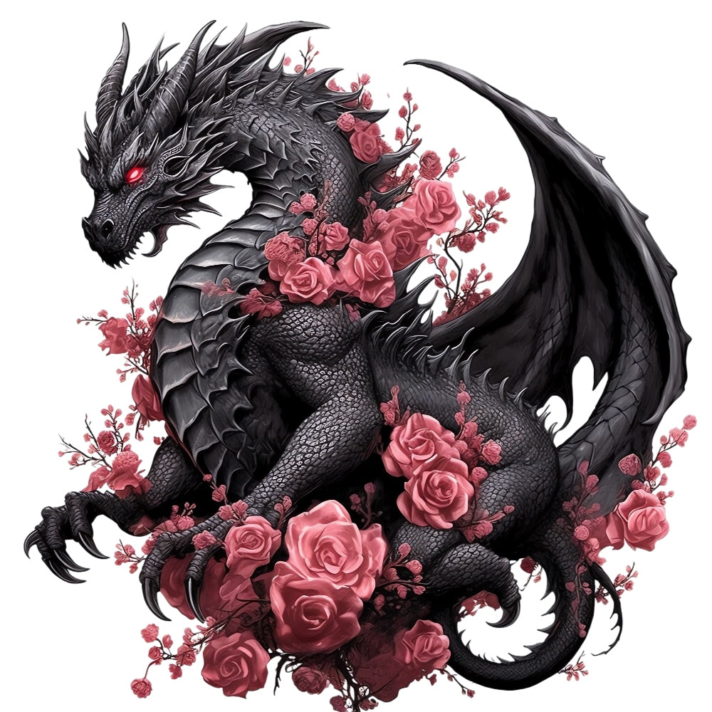 Black Gothic Dragon Fabric Panel 1 featuring a detailed black dragon with red eyes surrounded by vibrant red roses on premium cotton fabric.