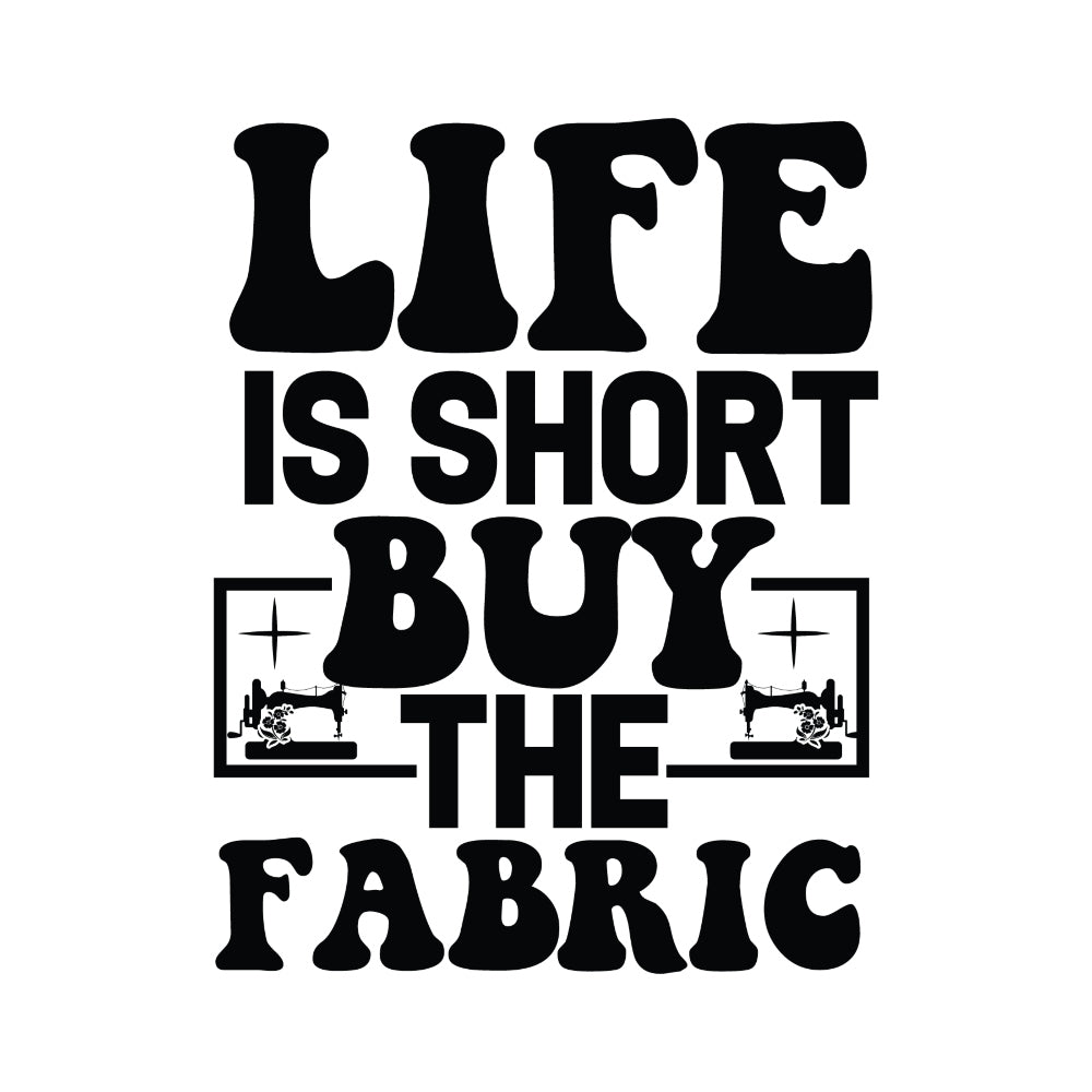 Black and White Buy the Fabric Panel with bold black typography and vintage sewing machine illustrations on white background.