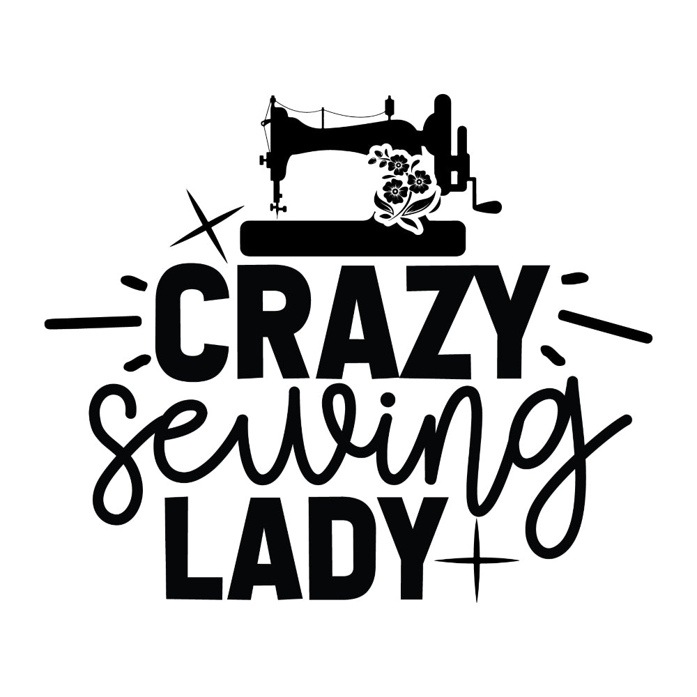 Black and White Crazy Sewing Lady Fabric Panel featuring vintage sewing machine and floral design printed on premium quilting cotton.