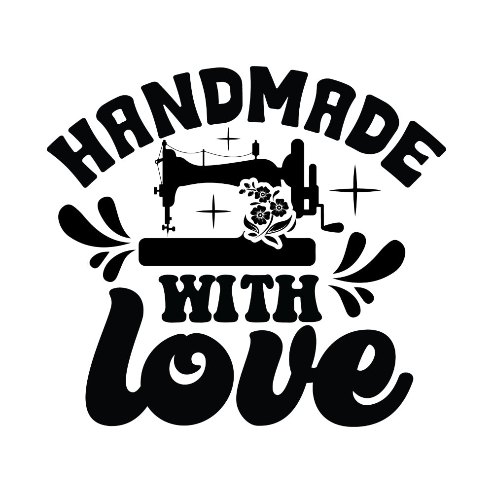 Black and White Handmade with Love Fabric Panel featuring a vintage sewing machine and floral design in bold lettering.