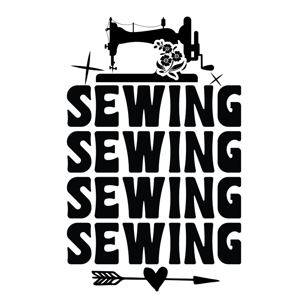 Black and White Sewing Sewing Sewing Fabric Panel featuring a vintage sewing machine and bold text design in premium quilting cotton.