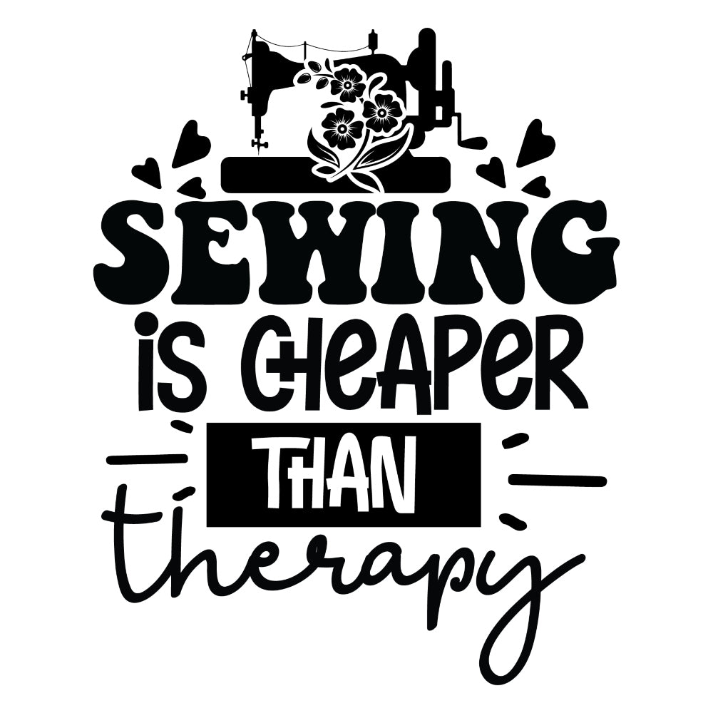 Black and White Sewing is Cheaper Fabric Panel featuring a vintage sewing machine and floral design with inspirational sewing quote.