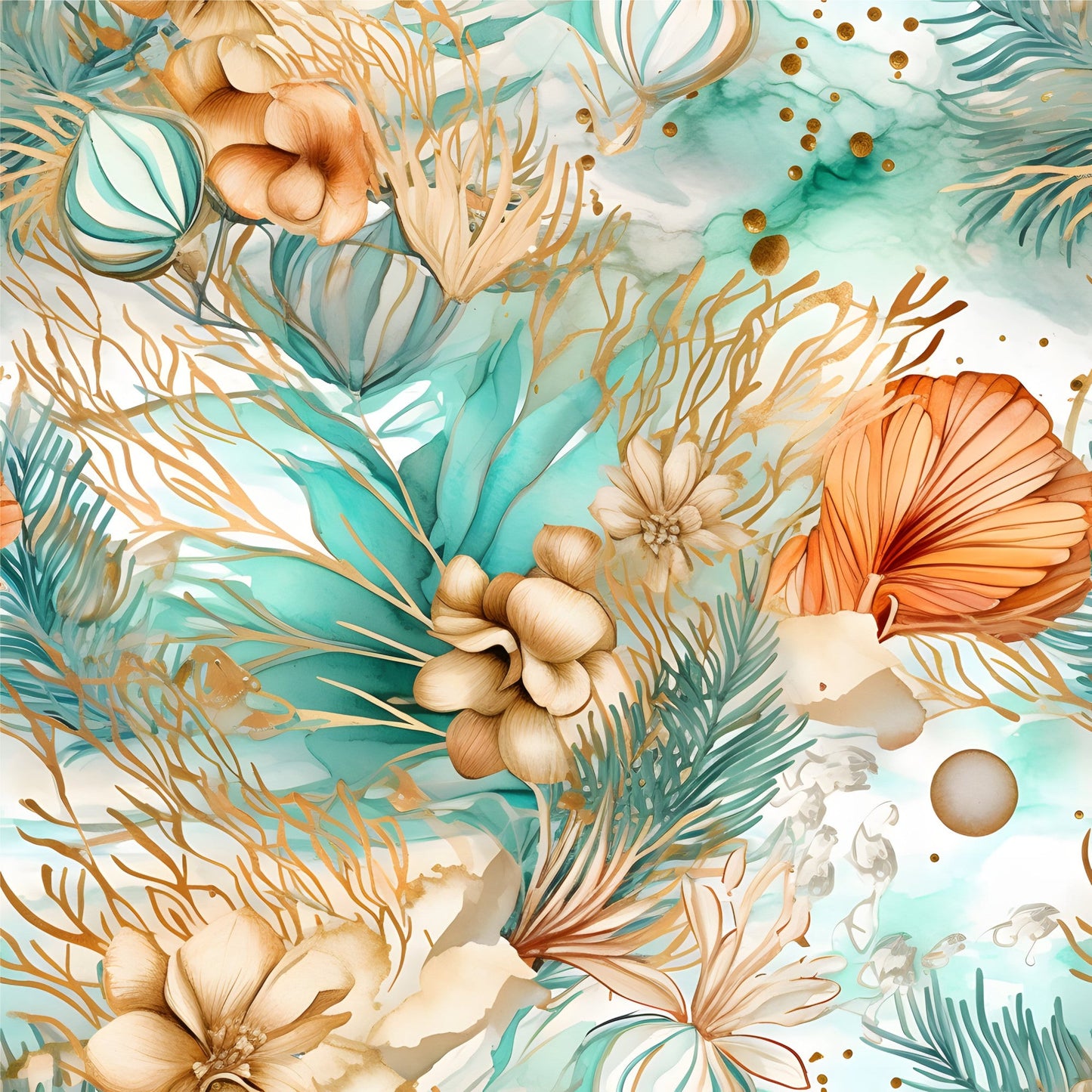 Boho Beach Botanicals Blue Peach Pattern 15 Quilting Cotton Fabric