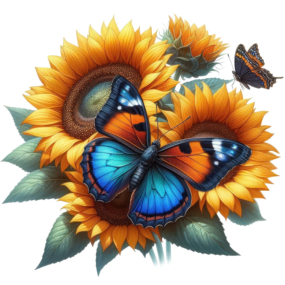 Butterflies and Flowers Fabric Panel 10 features vibrant blue and orange butterflies resting on detailed yellow sunflowers and green leaves.