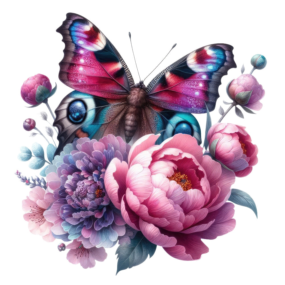 Butterflies and Flowers Fabric Panel 14 featuring vibrant pink and purple flowers with a colorful butterfly on premium quilting cotton.