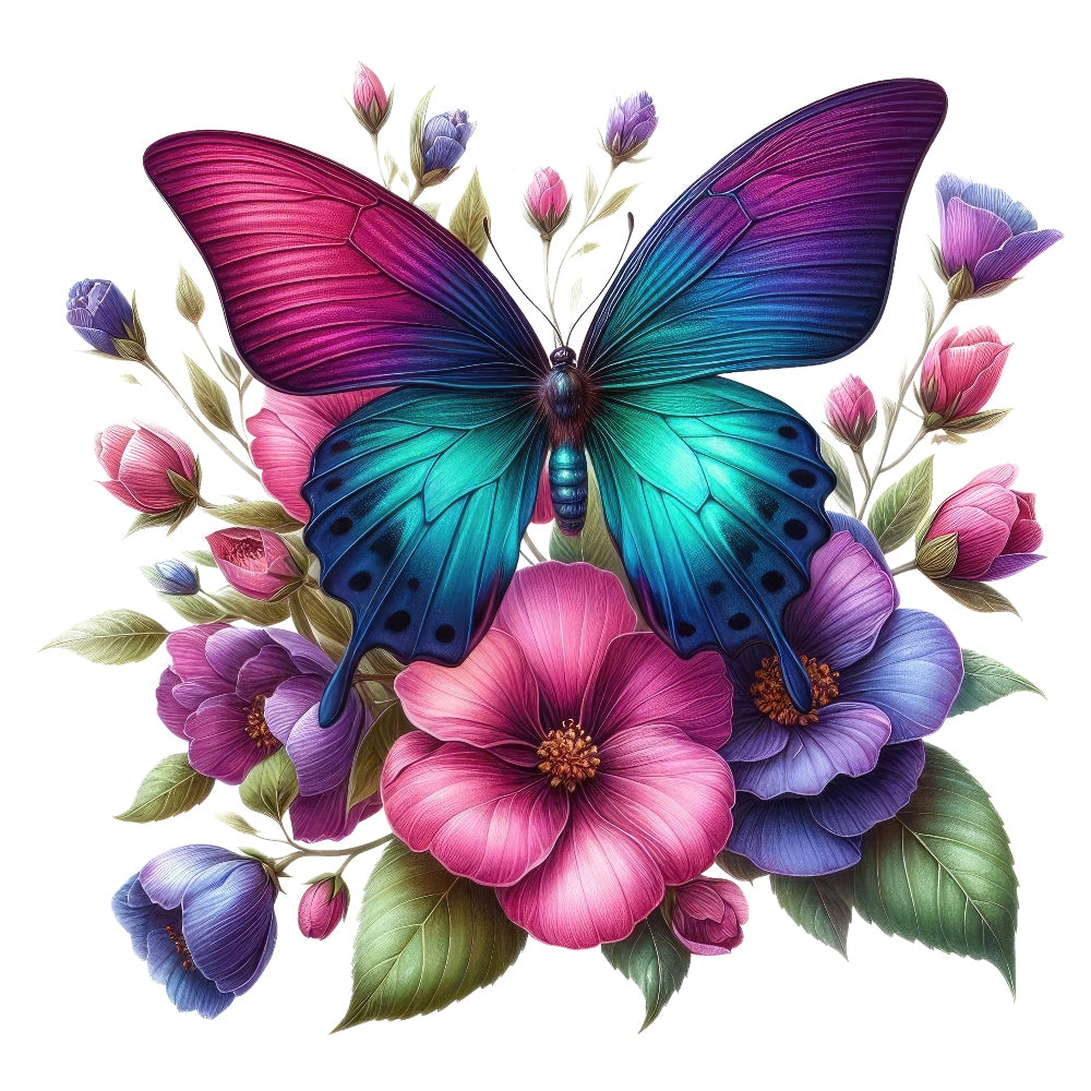 Butterflies and Flowers Fabric Panel 15 featuring a vibrant blue and purple butterfly over pink and purple flowers on premium quilting cotton.