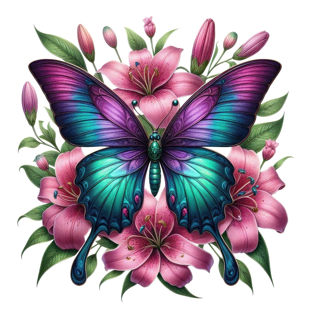 Butterflies and Flowers Fabric Panel 20 featuring a vibrant blue and purple butterfly resting on detailed pink lilies and green leaves.