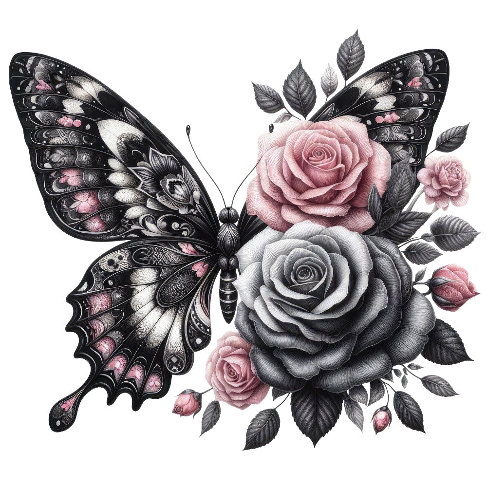 Butterflies and Flowers Fabric Panel 4 featuring detailed black and pink butterfly with roses on premium quilting cotton fabric.