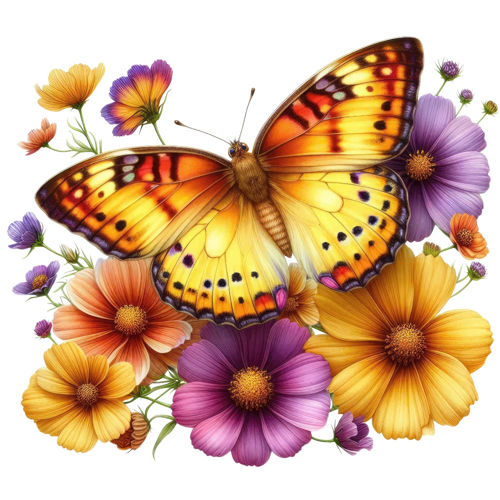 Butterflies and Flowers Fabric Panel 5 featuring a vibrant orange butterfly surrounded by detailed purple and yellow flowers.