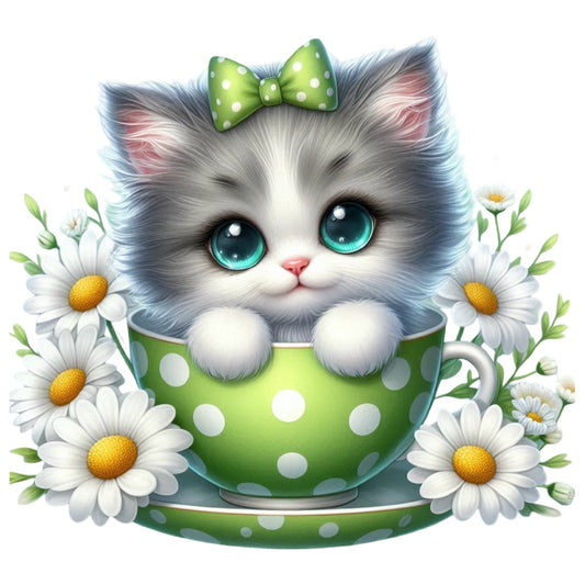 Cats in Tea Cups Fabric Panel 1 features an adorable kitten with blue eyes in a green polka dot teacup surrounded by daisies.