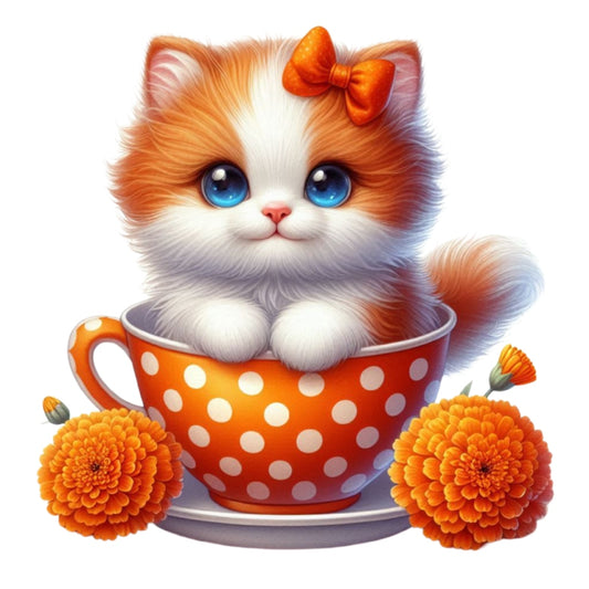 Cats in Tea Cups Fabric Panel 10 featuring an adorable orange and white kitten with blue eyes in a polka dot teacup surrounded by orange flowers.