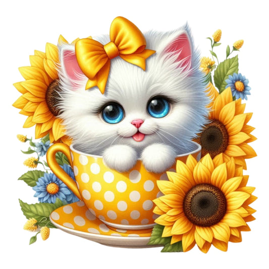 Cats in Tea Cups Fabric Panel 11 featuring a cute white kitten with blue eyes in a yellow polka dot teacup surrounded by sunflowers.
