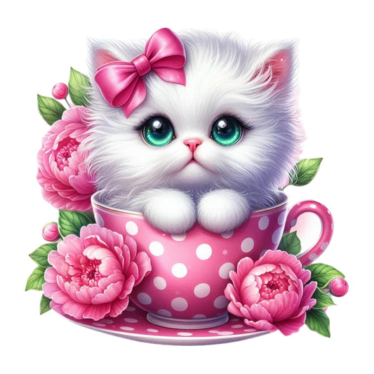 Cats in Tea Cups Fabric Panel 12 showing a white kitten with big teal eyes in a pink polka dot teacup surrounded by pink flowers.