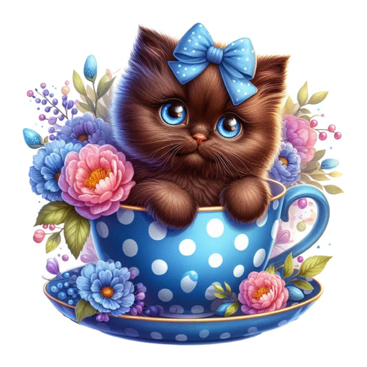 Cats in Tea Cups Fabric Panel 13 features a cute brown kitten with blue eyes and bow in a blue polka dot teacup surrounded by colorful flowers.