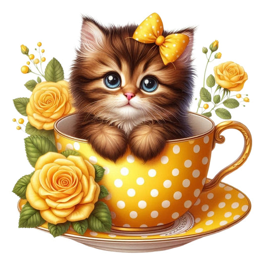 Cats in Tea Cups Fabric Panel 14 features an adorable kitten with a yellow bow in a polka dot teacup surrounded by yellow roses.