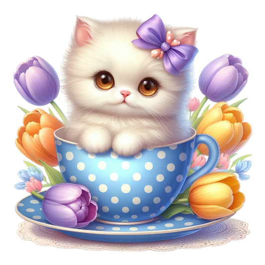 Cats in Tea Cups Fabric Panel 15 features an adorable white kitten with a purple bow in a blue polka dot teacup surrounded by colorful tulips.